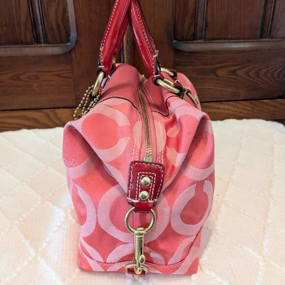 Coach Madison Sabrina Signature Pink Satchel with Red Patent Leather Trim. - Picture 5 of 16